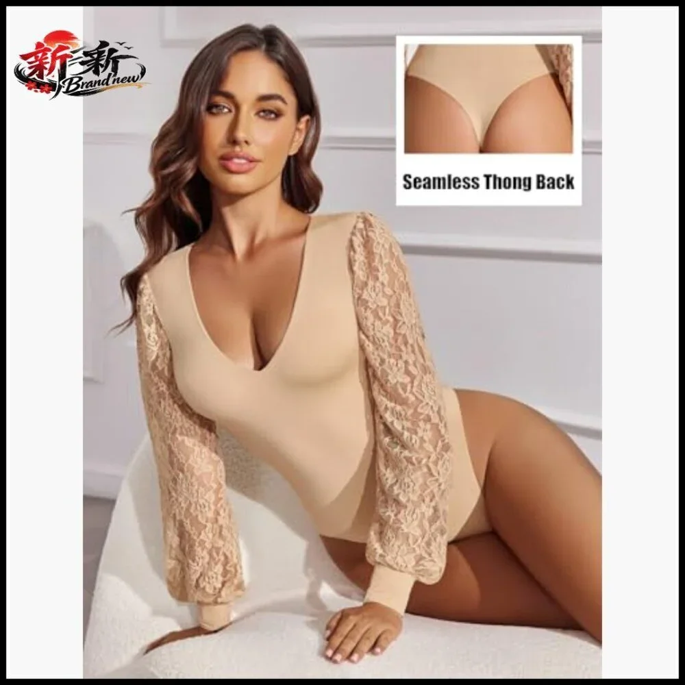 Long Sleeve Bodysuit Double Lined V Neck Lace Puff Sleeves Thong Leotard